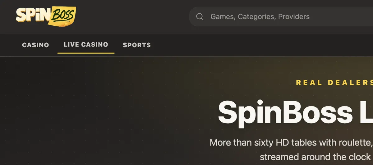 SpinBoss tiesioginio kazino puslapis (anglų sąsaja), užfiksuotas spinboss.live, 2026 m. rugsėjo 7 d.